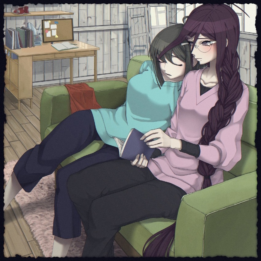 2girls, ahoge, black_pants, black_skirt, blue_sky, blush, book, braid