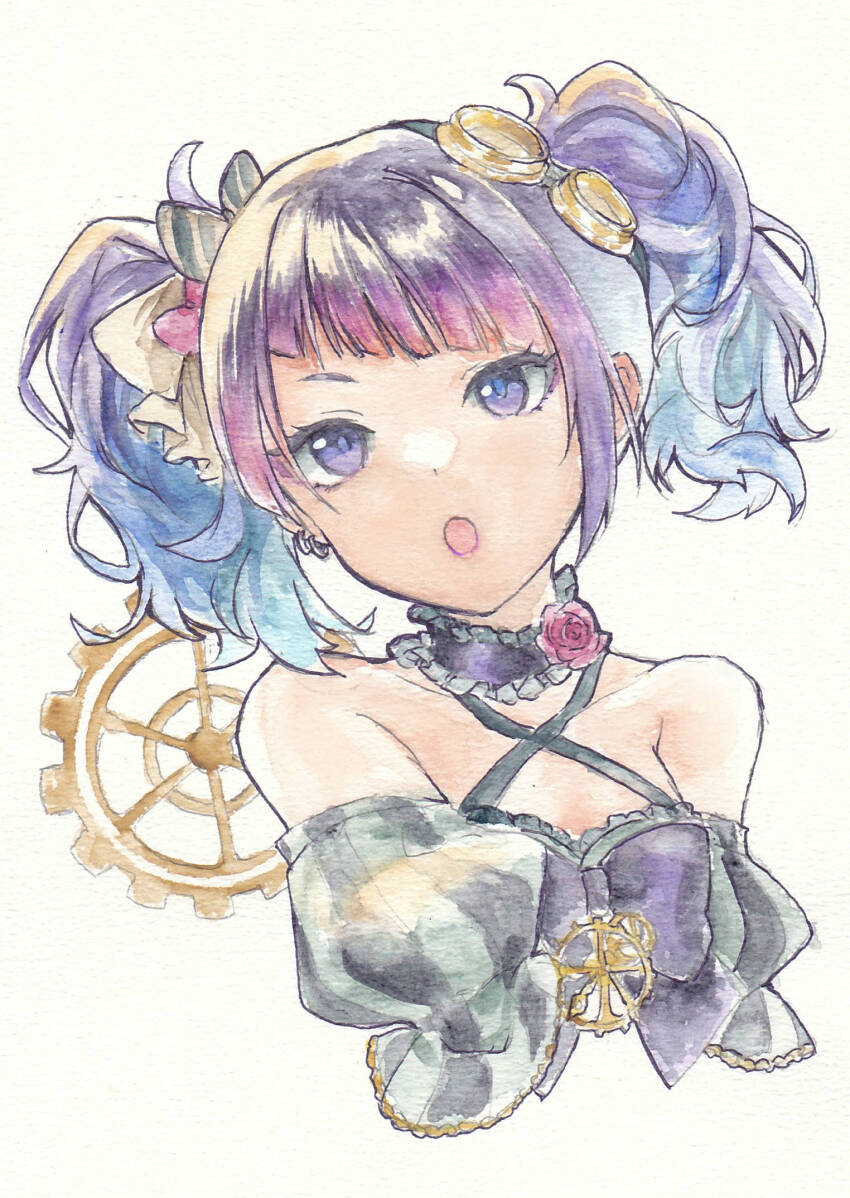 1girl, bare_shoulders, black_choker, blush, breasts, choker, diagonal_bangs, dress