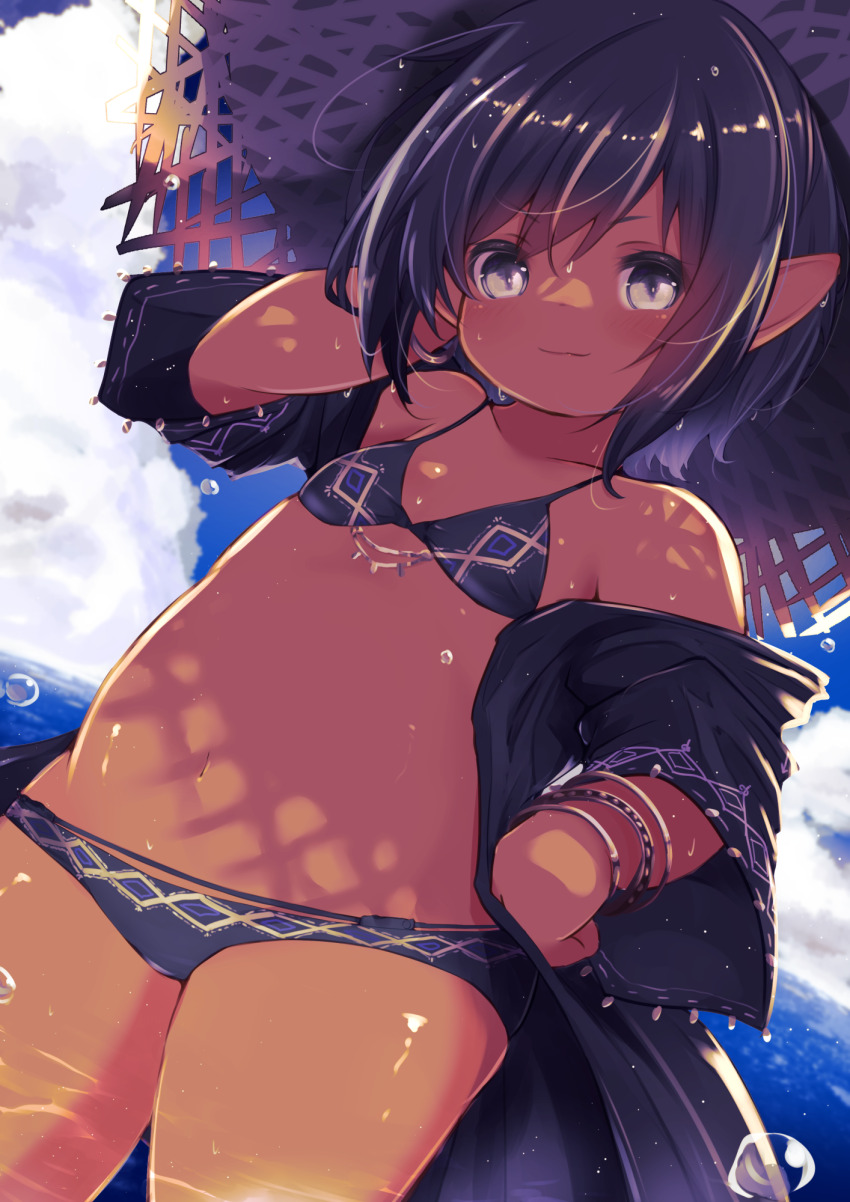 1girl, bikini, black_bikini, black_hair, black_jacket, blush, bracelet, closed_mouth, cloud, cloudy_sky, dark-skinned_female, dark_skin, demimushi, final_fantasy, final_fantasy_xiv, flat_chest, grey_eyes, hand_on_own_hip, hat, highres, jacket, jewelry, lalafell, large_hat, navel, ocean, pear-shaped_figure, pointy_ears, sky, solo, stomach, straw_hat, swimsuit, warrior_of_light_(ff14), water_drop, wet