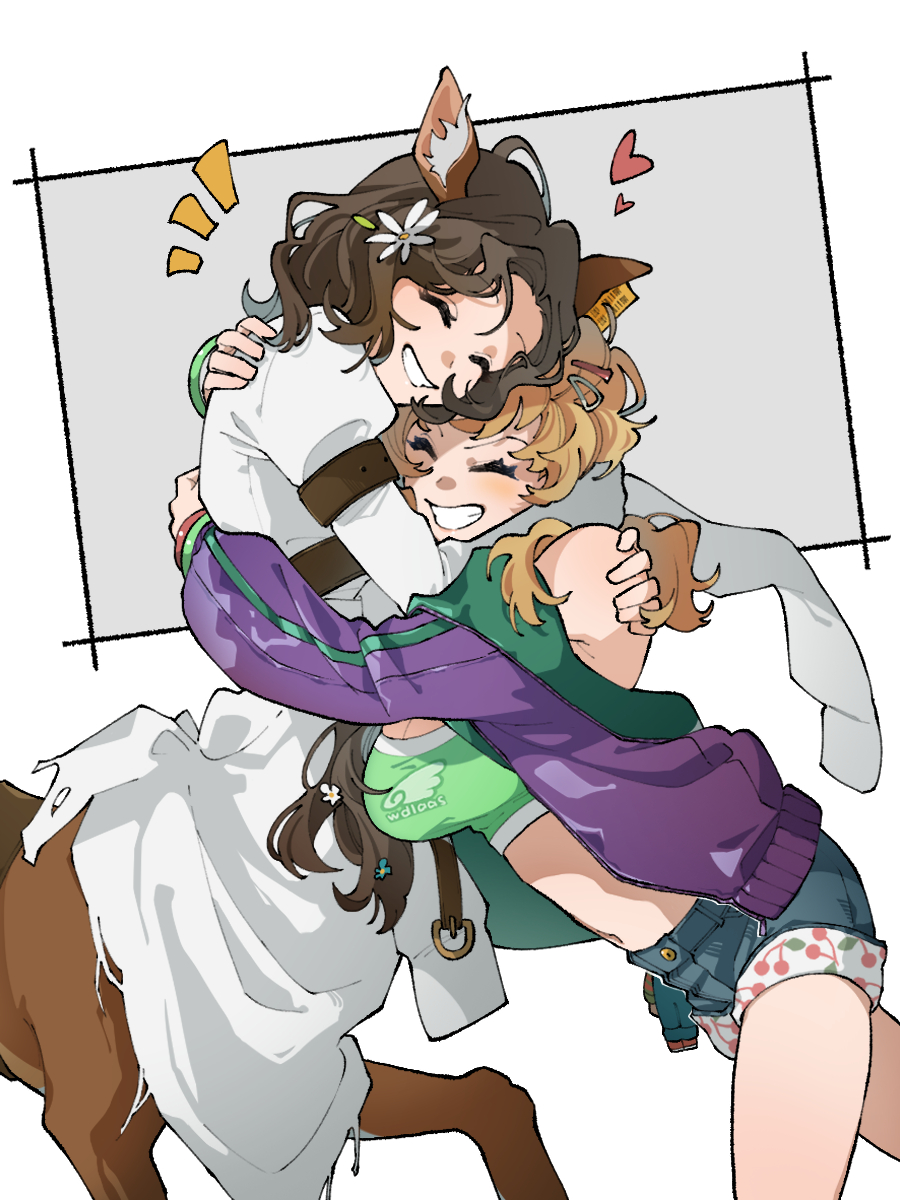 2girls, ^_^, animal_ears, arm_belt, arms_around_neck, arms_around_another's_waist, bare_shoulders, belt