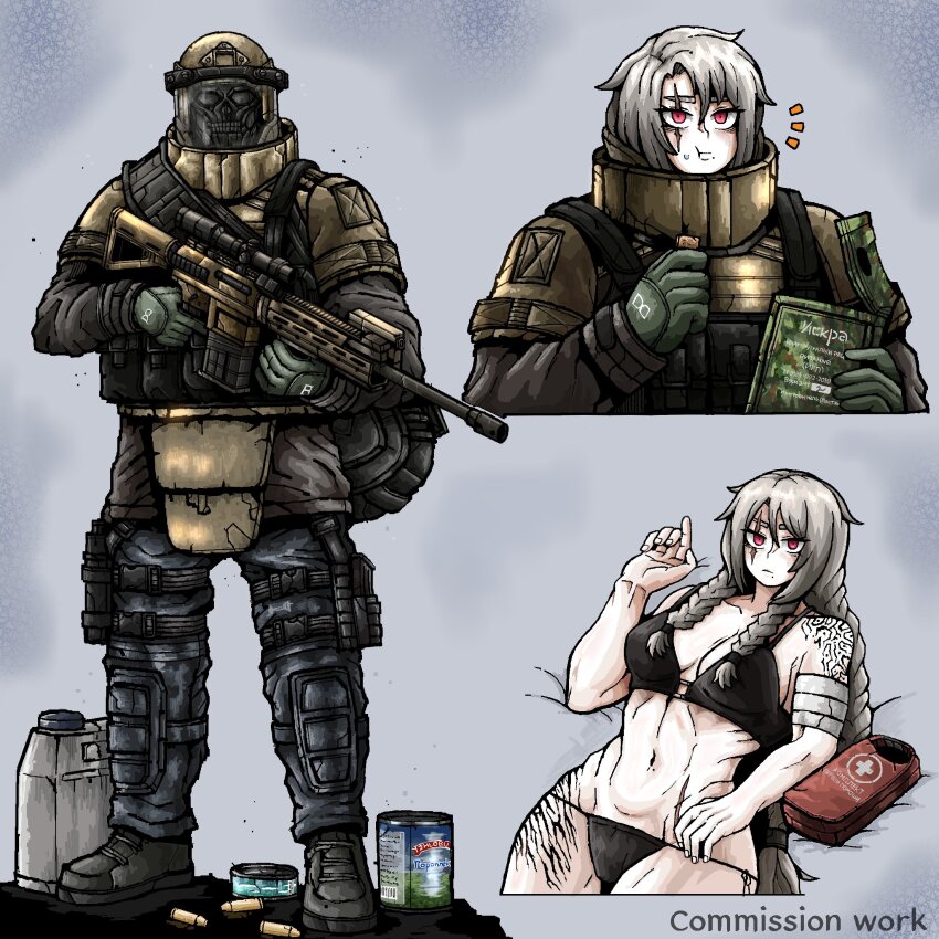 1girl, assault_rifle, bikini, black_bikini, black_panties, body_armor, breasts, commission