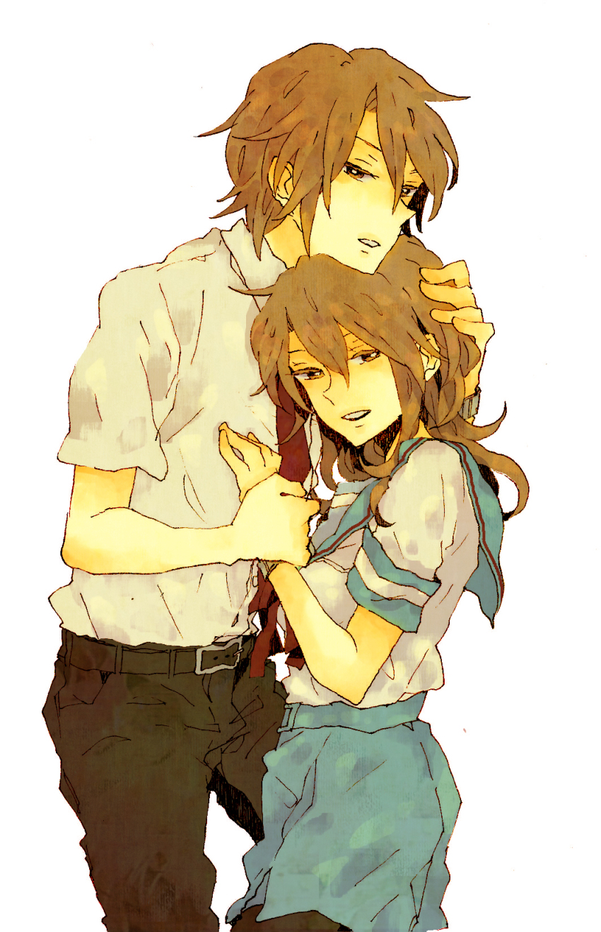 1boy, 1girl, bad_id, bad_pixiv_id, belt, brown_eyes, brown_hair, formal_clothes