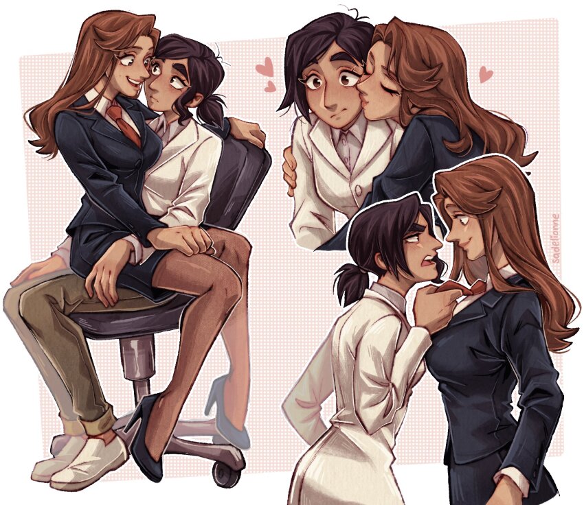 2girls, brett_hand, brown_hair, chair, dark-skinned_female, dark_skin, formal_clothes, genderswap