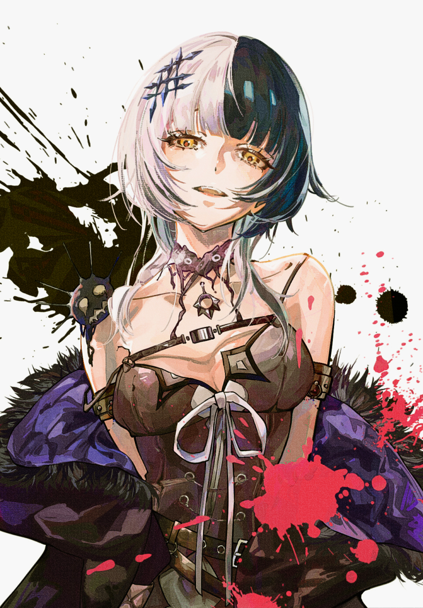1girl, black_choker, black_dress, black_hair, blunt_bangs, breasts, choker, cleavage, coat, collarbone, commentary, dress, fur-trimmed_coat, fur_trim, gin_s, goth_fashion, grey_hair, hair_ornament, highres, hololive, hololive_english, long_hair, looking_at_viewer, medium_breasts, multicolored_hair, open_clothes, open_coat, open_mouth, ribbon, shiori_novella, shiori_novella_(1st_costume), sidelocks, solo, spaghetti_strap, split-color_hair, stain, teeth, two-tone_hair, upper_body, upper_teeth_only, virtual_youtuber, white_ribbon, yellow_eyes, yorick_(shiori_novella)
