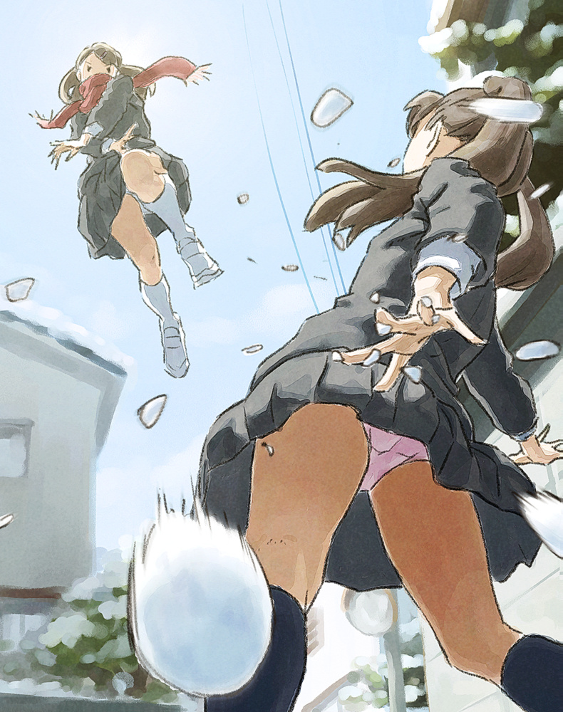 2girls, battle, black_socks, brown_hair, crossed_arms, day, dodging, fighting