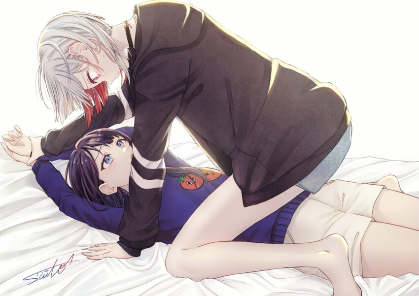 2girls, arms_up, barefoot, black_choker, black_jacket, blue_eyes, blue_hair, blue_sweater