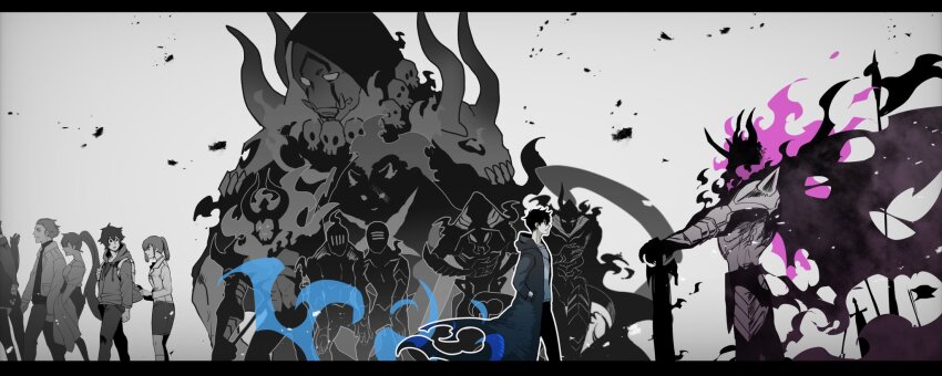 2girls, 3boys, 6+others, bag, beru_(solo_leveling), coat, greatsword, highres