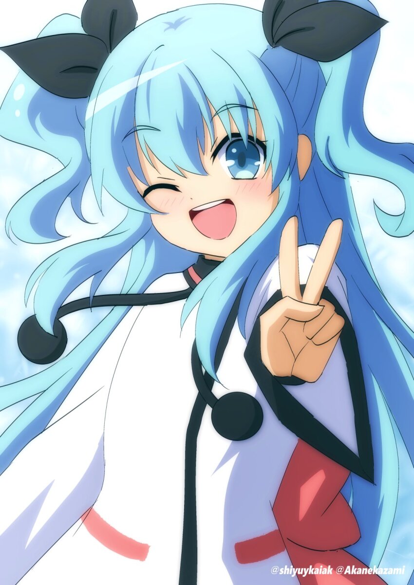 1girl, artist_name, blue_eyes, blue_hair, dot_nose, dress, feet_out_of_frame, highres, long_hair, long_sleeves, looking_at_viewer, noel_(sora_no_method), one_eye_closed, open_mouth, shiyuykaiak, simple_background, solo, sora_no_method, standing, teeth, twitter_username, v, wink