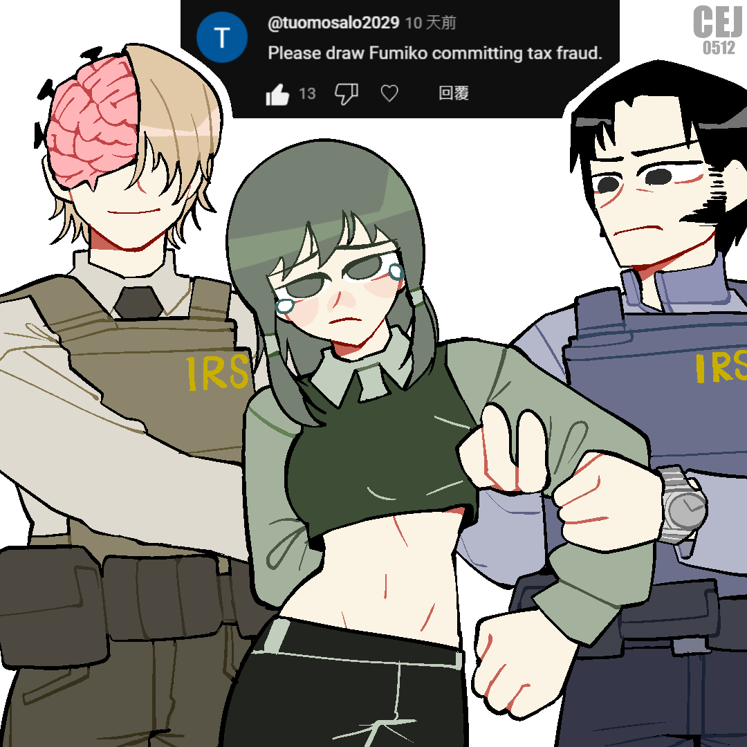 1girl, 2boys, arrest, artist_name, black_eyes, black_hair, black_necktie, blonde_hair, brain, bulletproof_vest, chainsaw_man, commentary, crop_top, cropped_shirt, english_commentary, english_text, exposed_brain, fewer_digits, frown, green_eyes, green_hair, irs, jim1234511, katana_man_(chainsaw_man), long_sideburns, low-tied_sidelocks, midriff, mifune_fumiko, multiple_boys, nail_fiend_(chainsaw_man), nail_polish, navel, necktie, sideburns, sidelocks, tears, watch, wristwatch