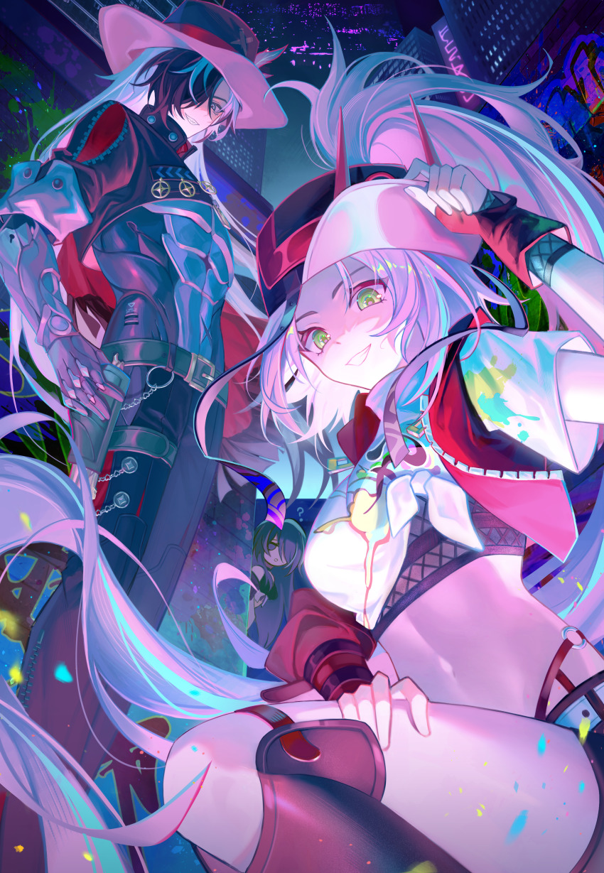 1boy, 1girl, absurdres, acheron_(honkai:_star_rail), asymmetrical_sleeves, baseball_cap, belt, black_hair