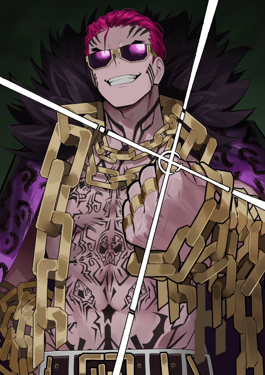 1boy, belt, black_belt, chain, chain_necklace, clenched_hand, coat, coat_on_shoulders