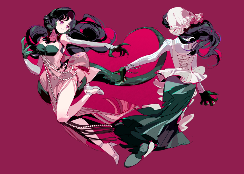 2girls, absurdres, anjo_nala, bare_shoulders, black_footwear, black_hair, black_horns, breasts, cleavage_cutout, clothing_cutout, coif, corset, curled_horns, demon_girl, demon_horns, dress, dual_persona, elbow_gloves, facing_away, floating_hair, from_behind, gloves, green_gloves, green_skirt, green_tail, grey_footwear, grey_gloves, hat, high_heels, highres, horns, jumping, leg_up, lizard_tail, long_dress, long_hair, long_skirt, looking_at_another, low_horns, luosi_(rrros), medium_breasts, multiple_girls, parted_lips, pink_dress, purple_background, purple_eyes, reverse:1999, shirt, side_slit, skirt, sleeveless, sleeveless_dress, tail, white_corset, white_hat, white_shirt
