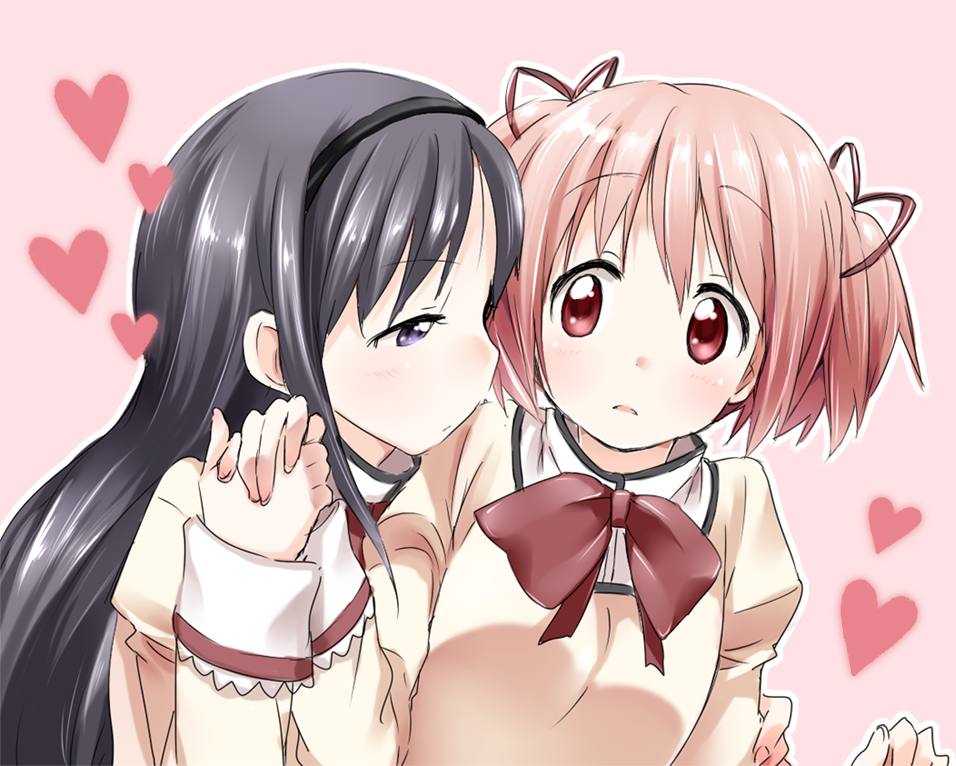 10s, 2girls, akemi_homura, bad_id, bad_pixiv_id, black_hair, heart, holding_hands