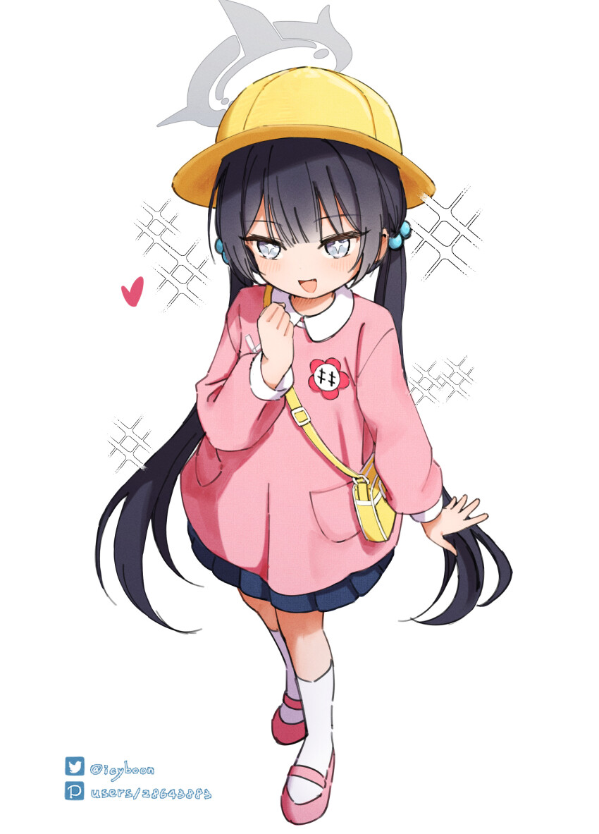 +_+, 1girl, :d, absurdres, artist_name, bag, black_hair, blue_archive