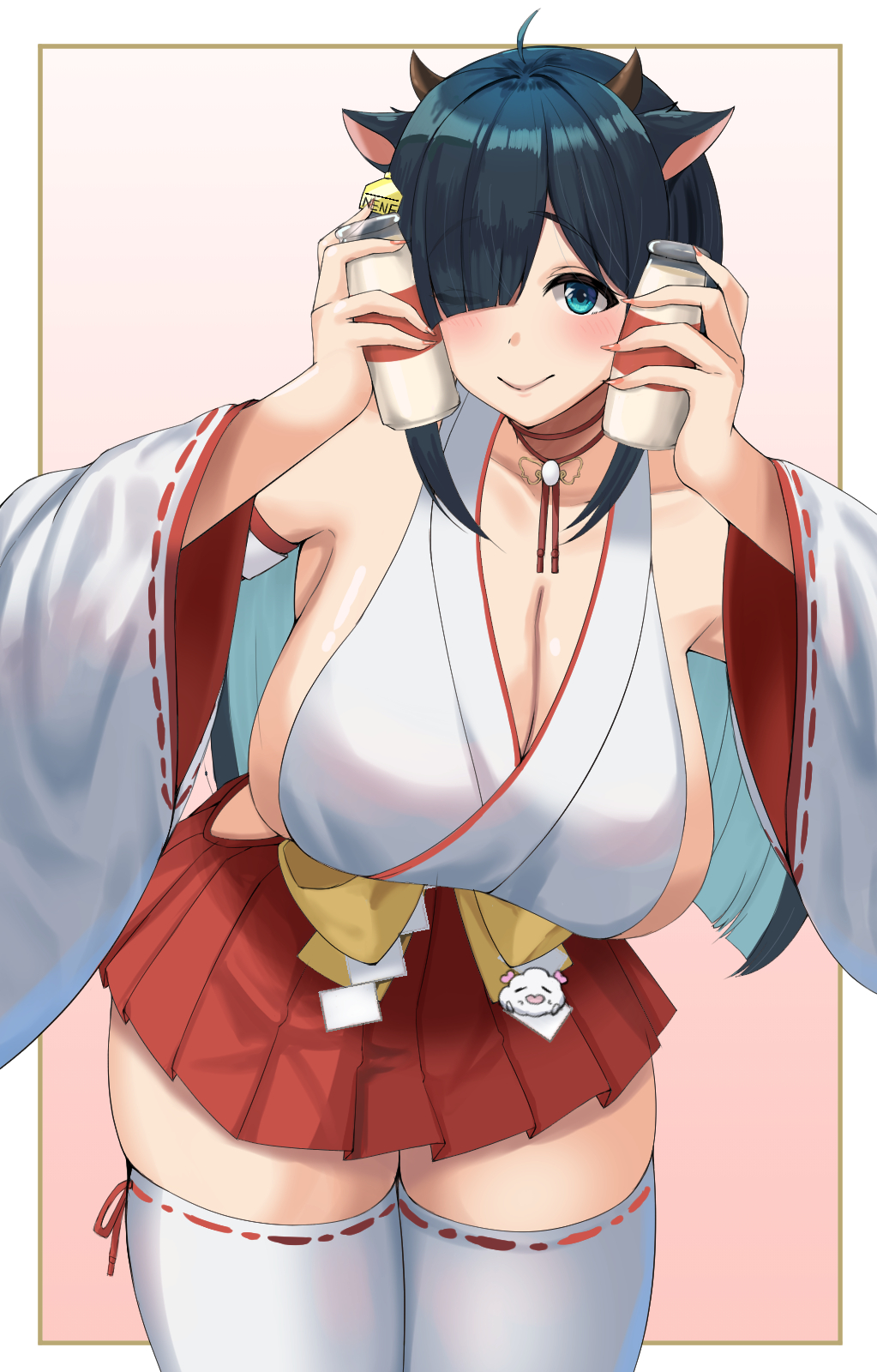 1girl, ahoge, amano_nene_(vtuber), amano_nene_(shrine_maiden)_(vtuber), animal_ears, black_hair, blue_eyes, blue_hair