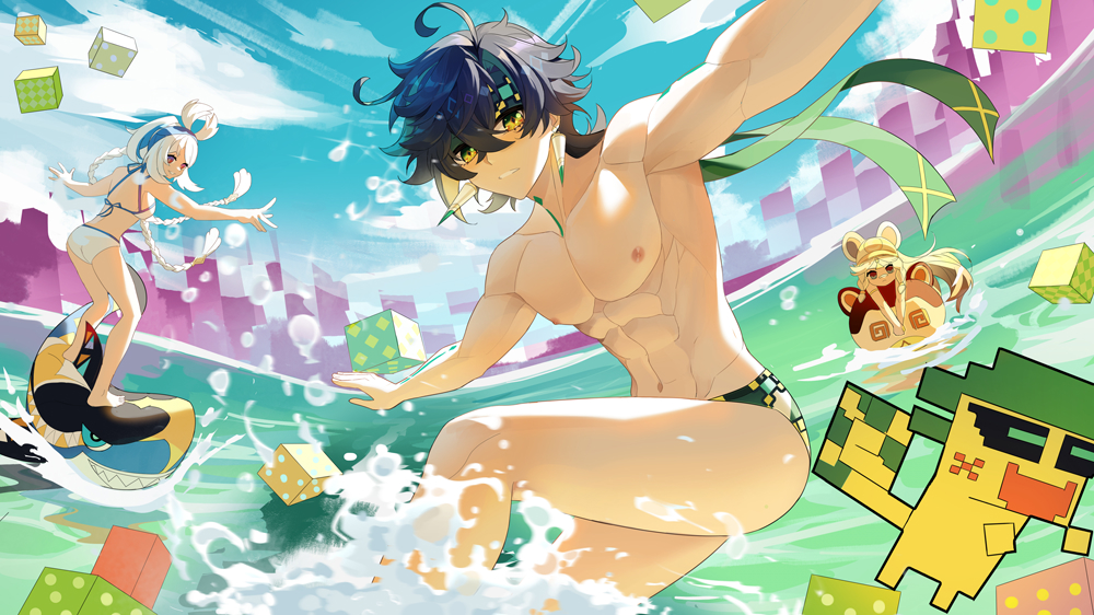 1boy, 2girls, abs, ajaw_(genshin_impact), animal_ears, anjingxiang, ass, bikini, black_hair, blonde_hair, braid, dice, earrings, genshin_impact, green_eyes, green_male_swimwear, hair_between_eyes, headband, jewelry, kachina_(genshin_impact), kinich_(genshin_impact), long_hair, looking_at_viewer, male_focus, male_swimwear, mualani_(genshin_impact), multicolored_hair, multiple_girls, muscular, muscular_male, navel, nipples, stomach, surfboard, swim_briefs, swimsuit, teeth, topless_male, twin_braids, white_bikini, white_hair