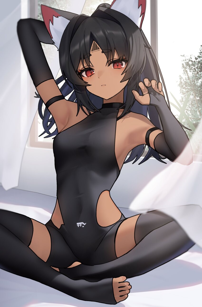 1girl, absurdres, animal_ears, arm_up, armpits, black_bodysuit, black_bridal_gauntlets, black_hair