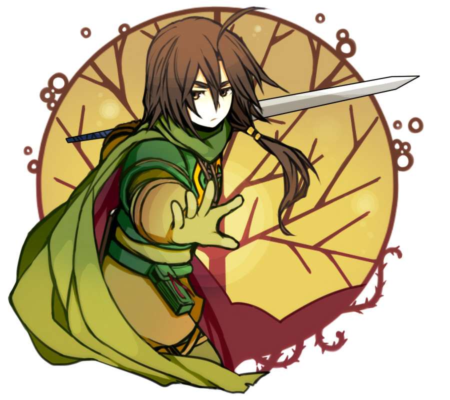 1boy, brown_hair, felix_(golden_sun), gloves, golden_sun, long_hair, male_focus, ponytail