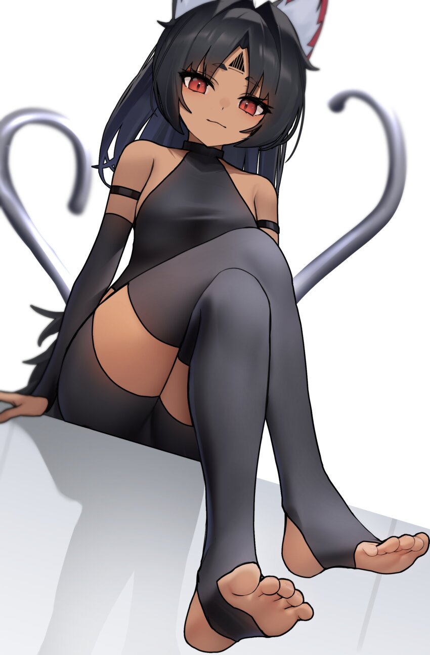 1girl, absurdres, animal_ears, black_hair, black_shirt, black_shorts, black_sleeves, black_thighhighs
