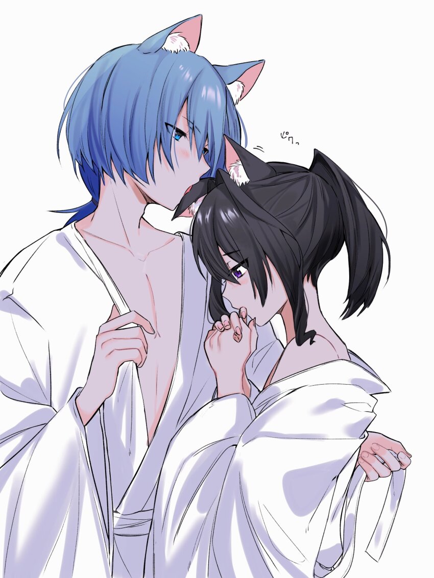 2boys, adam's_apple, adjusting_clothes, androgynous, animal_ear_fluff, animal_ears, biting_own_finger, black_hair