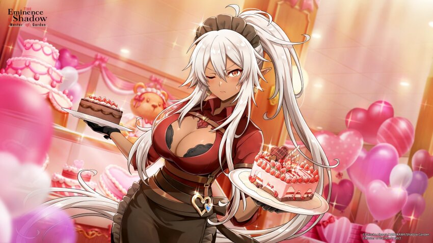 1girl, apron, balloon, black_bra, black_gloves, bra, breasts, brown_apron