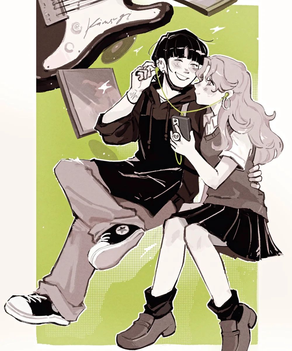 2girls, apron, arm_around_another's_waist, blunt_bangs, blush, bracelet, cd_case, cellphone