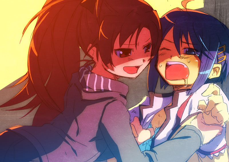 10s, 2girls, blue_eyes, blue_hair, blush, hair_ornament, hairclip, holding_another's_wrist, kiritachi, mahou_shoujo_madoka_magica, mahou_shoujo_madoka_magica_(anime), miki_sayaka, multiple_girls, one_eye_closed, open_clothes, open_mouth, open_shirt, ponytail, red_eyes, red_hair, sakura_kyoko, saliva, shirt, tears, upper_body, wink, yuri