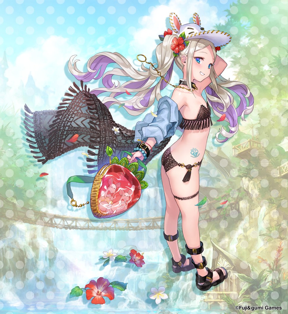 1girl, aqua_eyes, bag, bikini, black_bikini, black_choker, black_sandals, breasts, choker, colored_inner_hair, commentary_request, flower, from_side, full_body, grey_hair, hair_flower, hair_ornament, hat, holding, holding_bag, loli, looking_at_viewer, multicolored_hair, naegling, no_socks, official_alternate_costume, official_art, phantom_of_the_kill, purple_hair, sandals, second-party_source, small_breasts, smile, solo, standing, swimsuit, twintails, white_hat, yamori_(gumi)