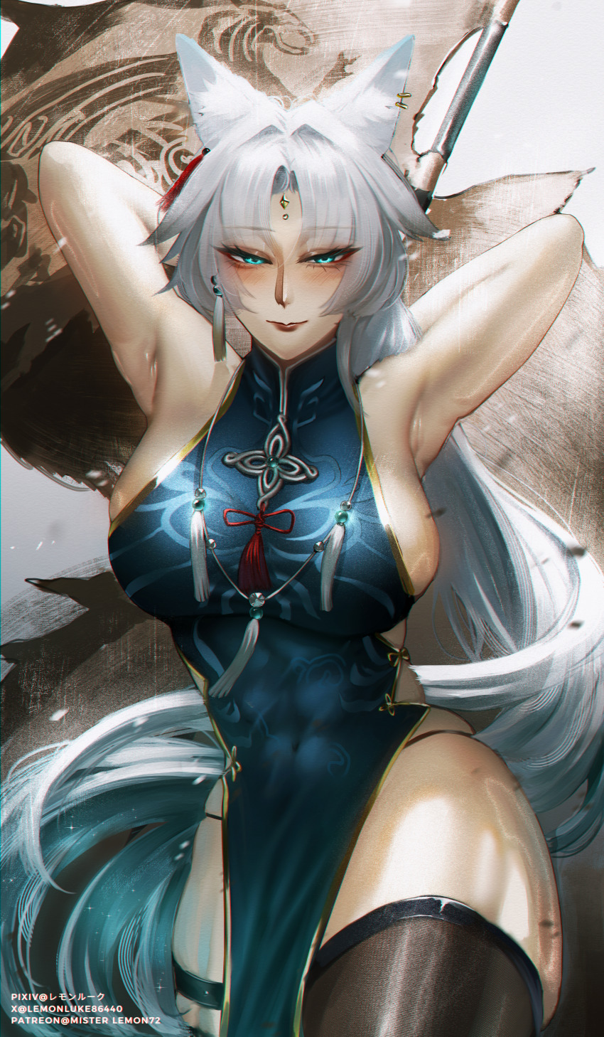 1girl, absurdres, animal_ears, armpits, arms_behind_head, arms_up, breasts, china_dress