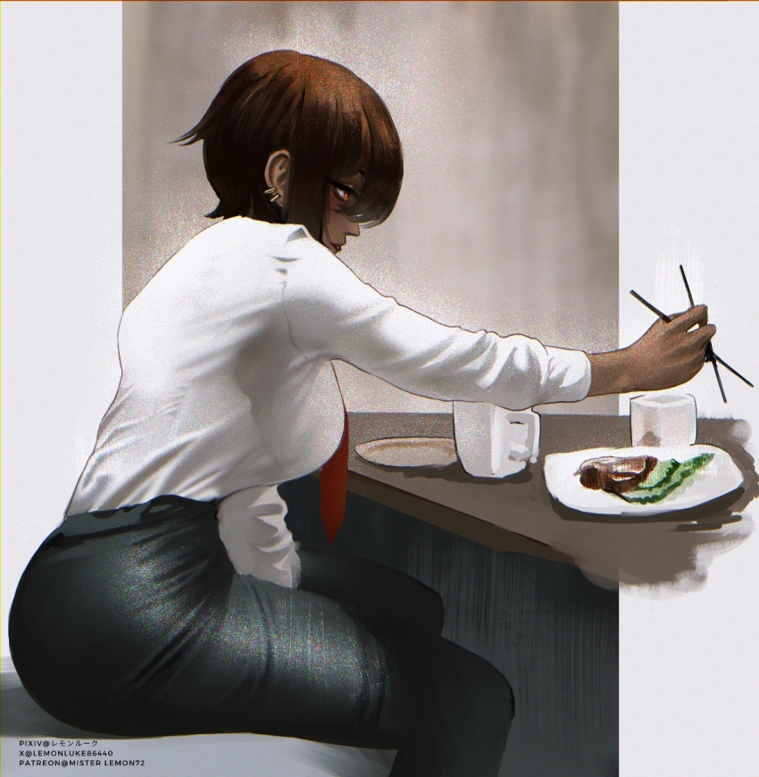 1girl, black_pants, breasts, brown_hair, chopsticks, closed_mouth, collared_shirt, commentary