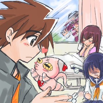 00s, 1other, 2boys, 2girls, angel_gozen_(character), bed, black_hair, blue_hair