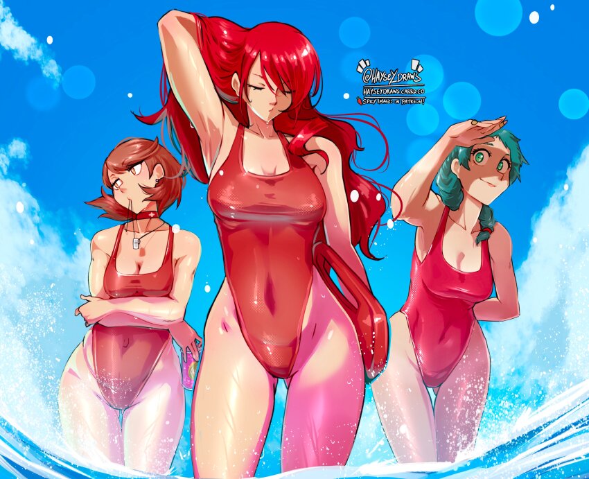 3girls, absurdres, adjusting_hair, aqua_eyes, aqua_hair, arm_behind_back, baywatch, breasts