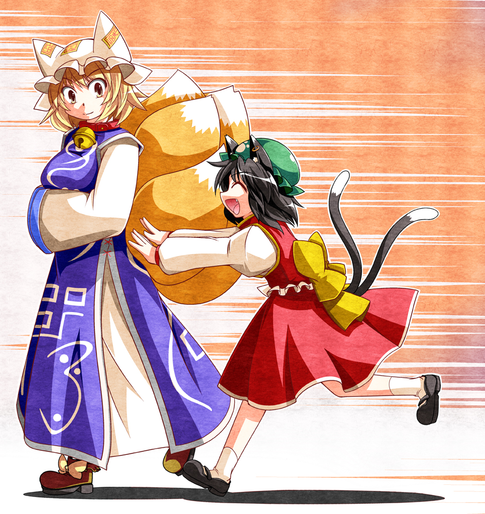 2girls, akagi_yuuto, animal_ears, bell, neck_bell, black_hair, blonde_hair, blue_dress