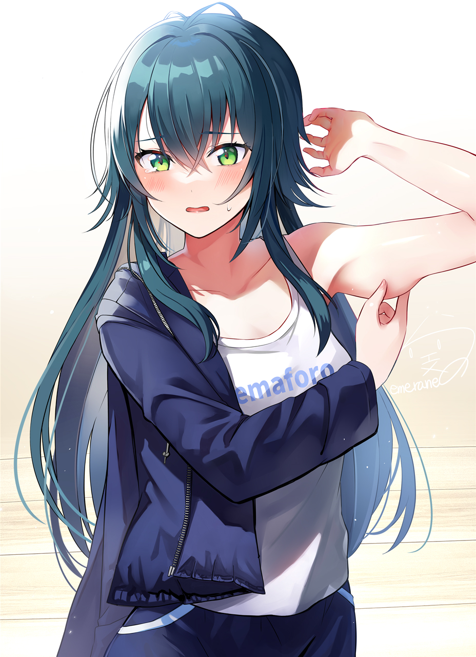 1girl, antenna_hair, arm_pinching, blue_jacket, blue_pants, blurry, blush, breasts