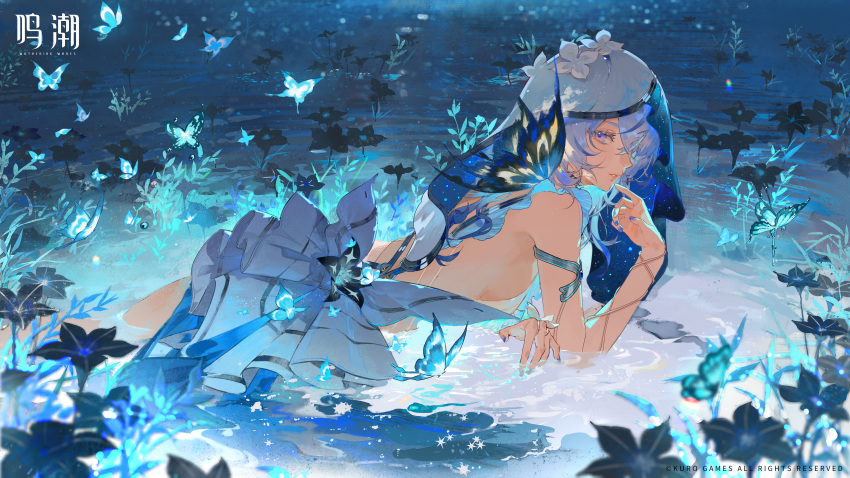 1girl, absurdres, armlet, bare_shoulders, black_flower, blue_butterfly, blue_hair, blue_nails, blue_veil, breasts, bug, butterfly, butterfly_on_shoulder, copyright_name, copyright_notice, cowboy_shot, dress, flower, from_side, glowing_butterfly, grass, hand_up, highres, icosahedralreddie, insect, logo, looking_at_viewer, lying, official_art, on_stomach, partially_submerged, profile, purple_pupils, ripples, shorekeeper_(wuthering_waves), short_dress, sideboob, silver_armlet, sleeveless, sleeveless_dress, solo, two-tone_veil, veil, water, white_dress, white_veil, wuthering_waves