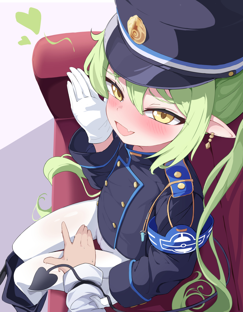 1boy, 1girl, 5s0n9, absurdres, armband, black_hat, black_jacket, blue_archive, blue_armband, blush, buttons, clothes_pull, commentary_request, demon_tail, double-breasted, fang, gloves, grabbing_another's_arm, green_hair, hair_between_eyes, hand_up, hat, heart, highres, jacket, long_hair, long_sleeves, looking_at_viewer, nozomi_(blue_archive), open_mouth, pantyhose, peaked_cap, pointy_ears, sensei_(blue_archive), shorts, shorts_pull, sitting, skin_fang, smile, solo_focus, tail, tail_wrap, twintails, white_gloves, white_pantyhose, yellow_eyes