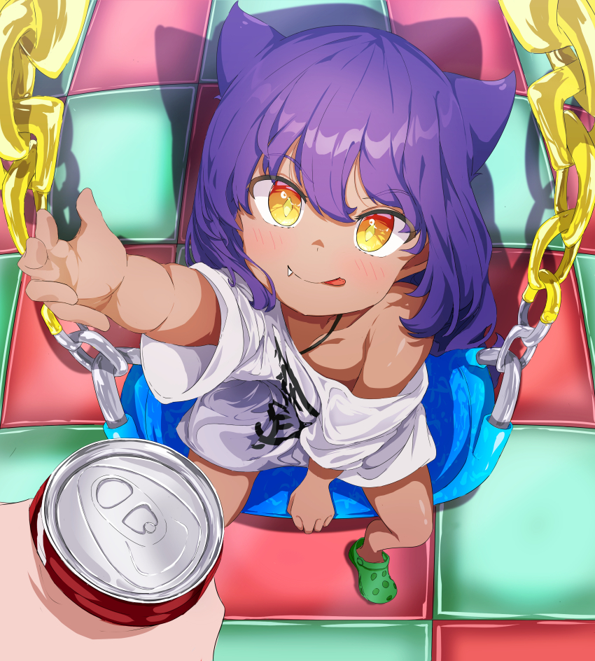 1girl, 1other, 5s0n9, :q, absurdres, arm_up, blush, breasts, can, closed_mouth, clothes_writing, commentary, crocs, dark-skinned_female, dark_skin, diamond-shaped_pupils, diamond_(shape), fang, from_above, green_footwear, highres, holding, holding_can, jahy, jahy-sama_wa_kujikenai!, long_hair, looking_at_viewer, naked_shirt, on_swing, outstretched_arm, purple_hair, shirt, short_sleeves, single_bare_shoulder, single_off_shoulder, sitting, small_breasts, smile, solo_focus, swing, symbol-shaped_pupils, tongue, tongue_out, white_shirt, yellow_eyes
