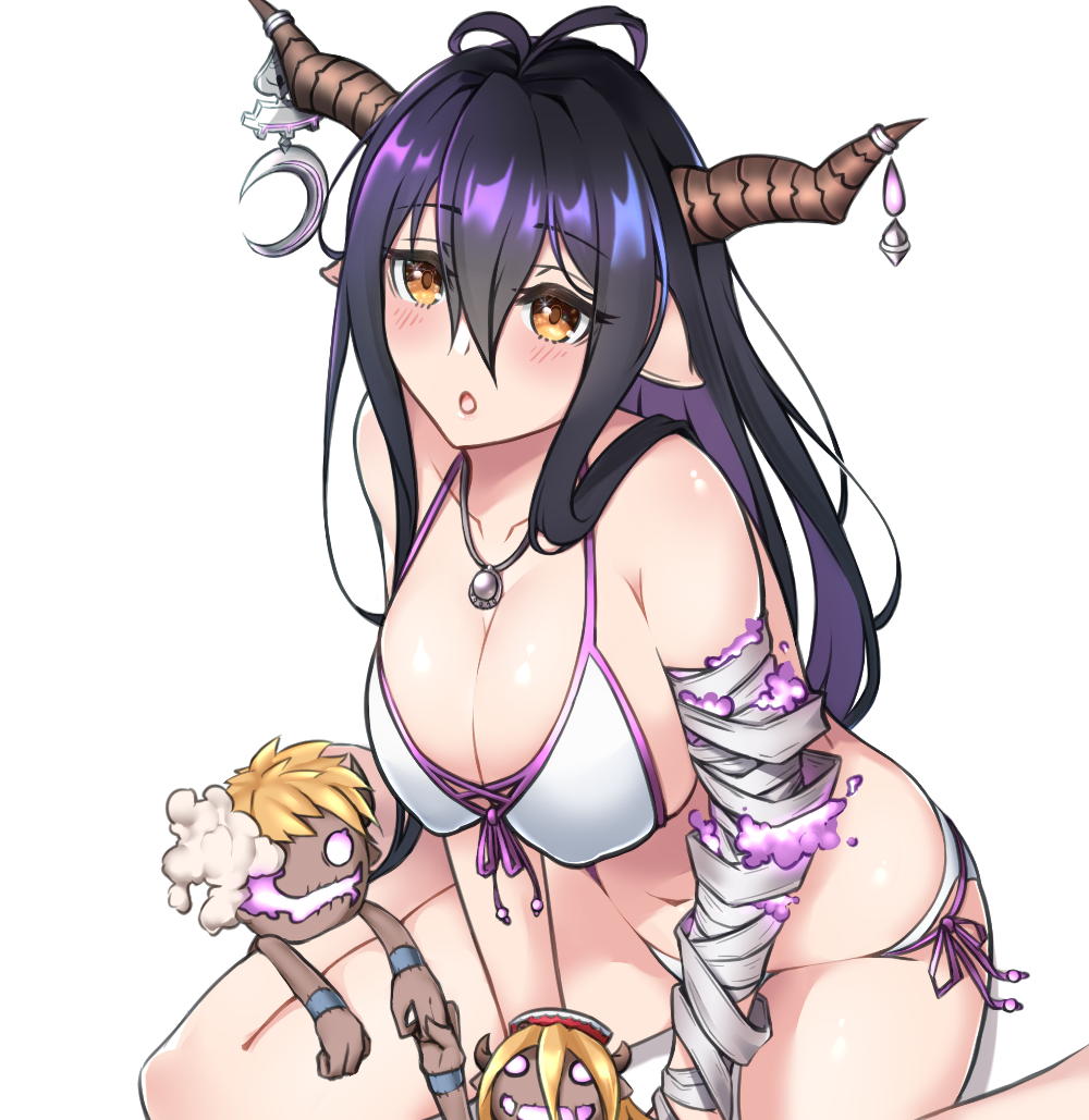 1girl, 2others, antenna_hair, bandaged_arm, bandages, bikini, black_hair, breasts