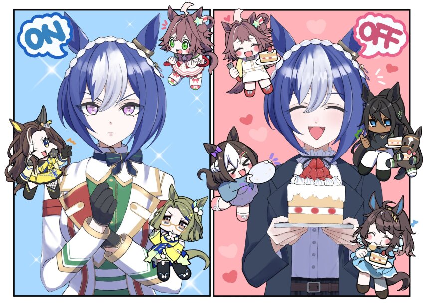 >_<, 6+girls, ahoge, air_messiah_(inherited_hope)_(umamusume), air_messiah_(umamusume), animal_ears, babie, black_hair, blue_hair, braid, breasts, cake, casual, cesario_(casual)_(umamusume), cesario_(future_weaver)_(umamusume), cesario_(umamusume), chibi, closed_eyes, closed_mouth, commentary, crown_braid, daring_heart_(umamusume), daring_tact_(umamusume), dark_skin, epiphaneia_(racehorse), food, green_eyes, green_hair, hair_between_eyes, hair_ornament, highres, holding, horse, horse_ears, horse_girl, horse_tail, long_hair, looking_at_viewer, medium_breasts, multiple_girls, one_eye_closed, open_mouth, plate, real_life, rhein_kraft_(casual)_(umamusume), rhein_kraft_(dream_successor)_(umamusume), rhein_kraft_(umamusume), simple_background, smile, special_week_(casual)_(umamusume), special_week_(umamusume), symboli_kris_s_(casual)_(umamusume), symboli_kris_s_(umamusume), tail, umamusume, umamusume_horse_relations, untranslatable_commentary