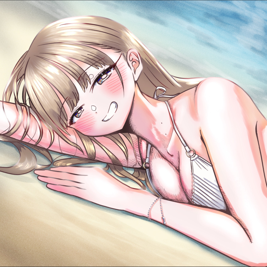 1girl, beach, bikini, blonde_hair, blush, boku_no_kokoro_no_yabai_yatsu, bone_bracelet, breasts, brown_eyes, cleavage, collarbone, day, grin, large_breasts, long_hair, looking_at_viewer, lying, m2bou, mole, mole_on_neck, multiple_moles, ocean, on_ground, on_side, outdoors, sand, smile, solo, swimsuit, upper_body, white_bikini, yamada_anna