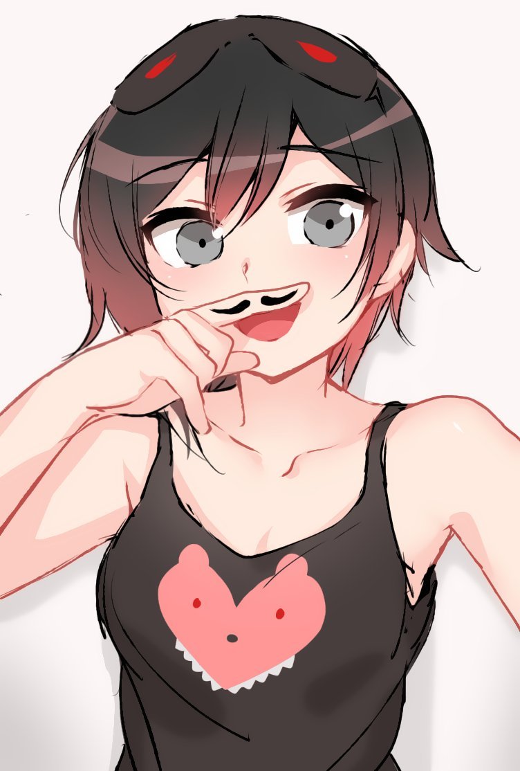 1girl, :d, animal_print, bare_shoulders, black_hair, black_shirt, breasts, collarbone, drawn_mustache, eye_mask, facial_hair, fake_facial_hair, fake_mustache, finger_to_mouth, gradient_hair, grey_eyes, hair_between_eyes, hand_on_own_face, hand_up, heart, heart_print, looking_at_viewer, mask, medium_breasts, multicolored_hair, mustache, ndgd, nightgown, official_alternate_costume, open_mouth, pajamas, red_hair, ruby_rose, rwby, shirt, short_hair, simple_background, sleepwear, sleeveless, smile, solo, unworn_eyemask, upper_body, white_background