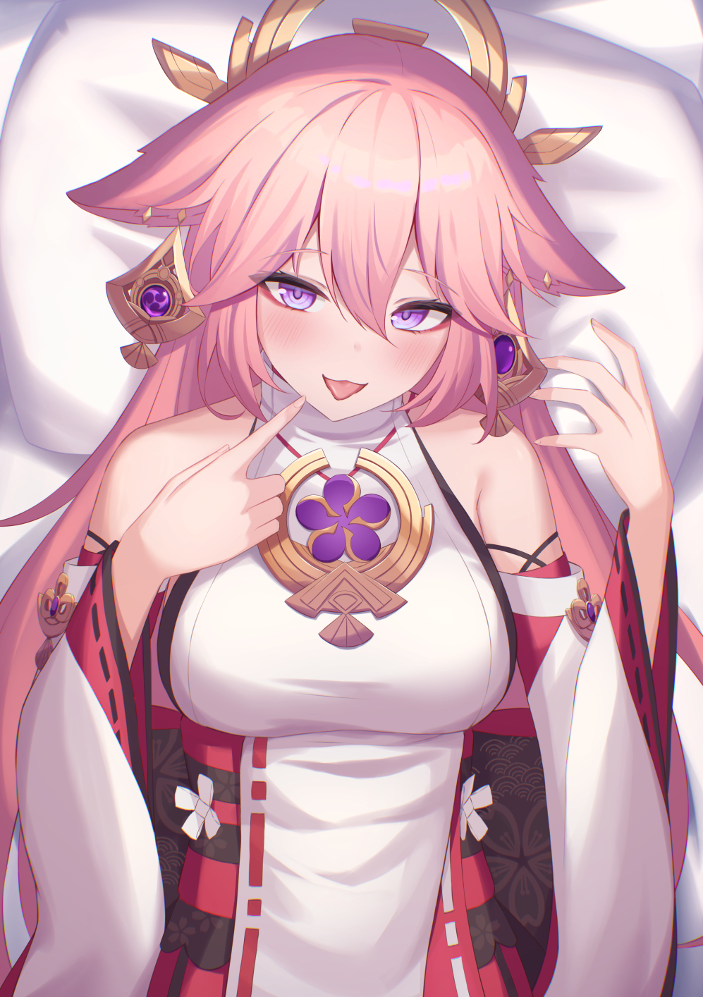 1girl, :p, animal_ears, bare_shoulders, commentary_request, detached_sleeves, fox_ears, fuka_kurotsuji