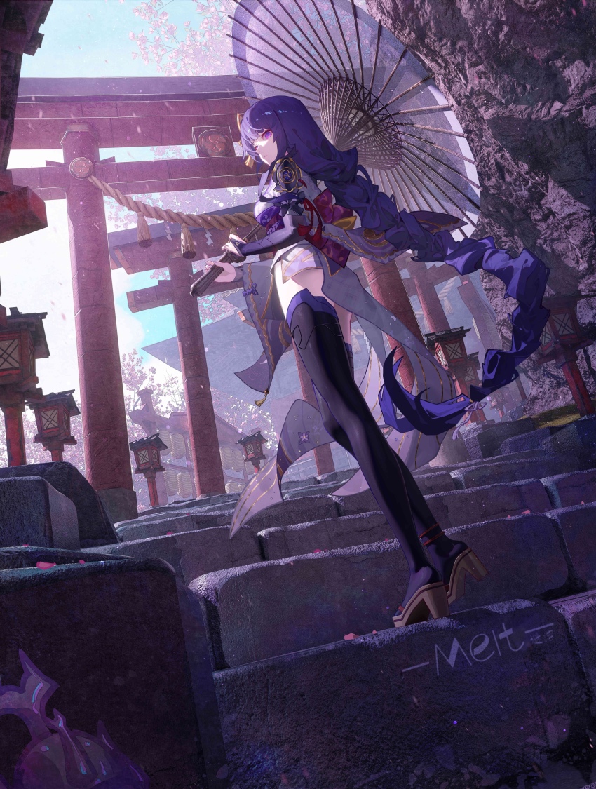 1girl, absurdres, artist_name, blue_pupils, blue_sky, braid, breasts, bridal_gauntlets