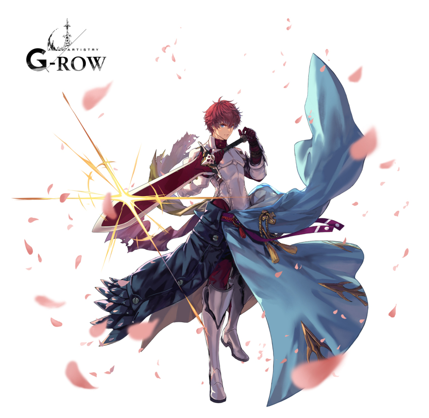 1boy, aged_up, armor, armored_boots, blue_eyes, boots, closed_mouth, commentary_request