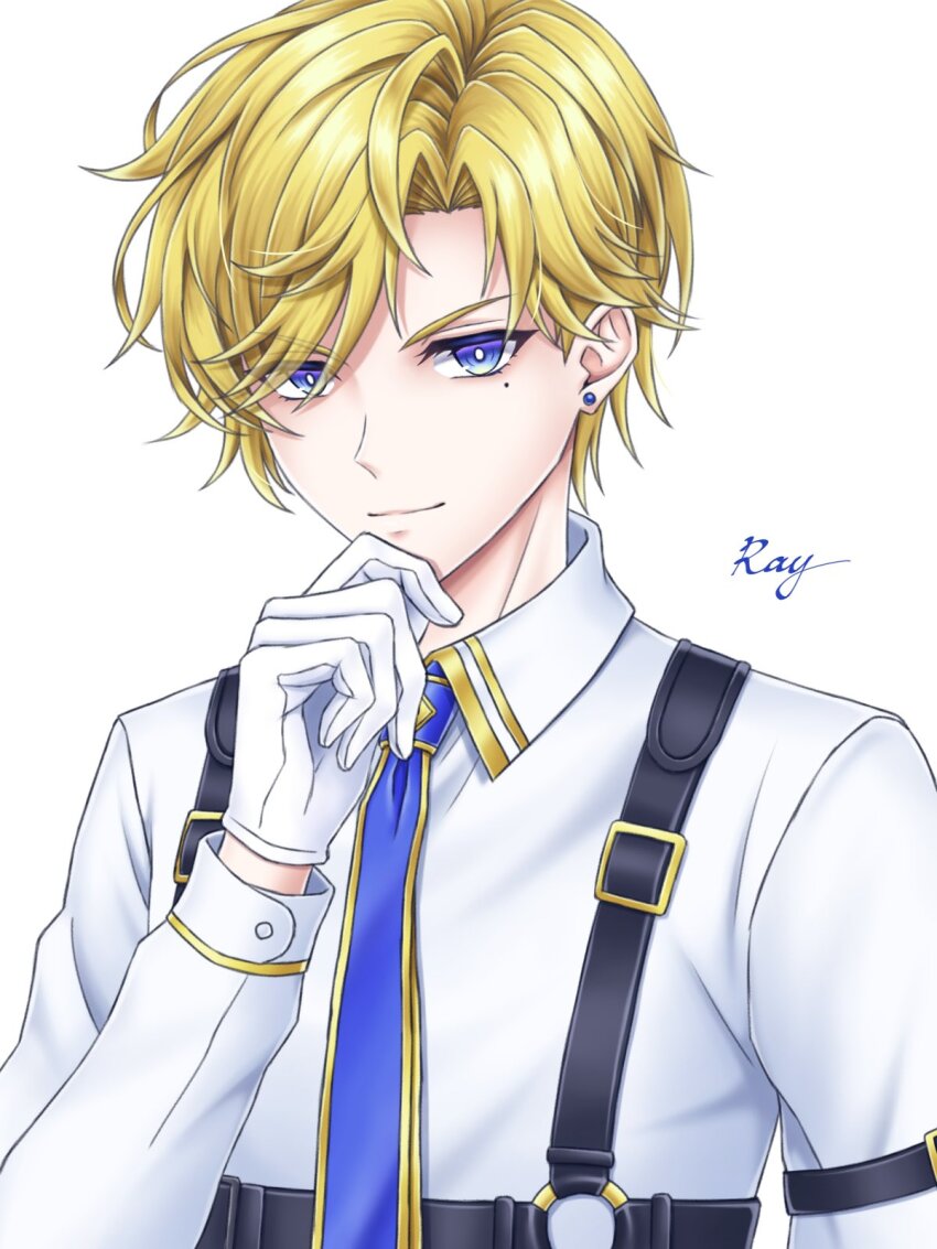 1boy, blonde_hair, blue_eyes, blue_necktie, collared_suit, gloves, highres, light_smile