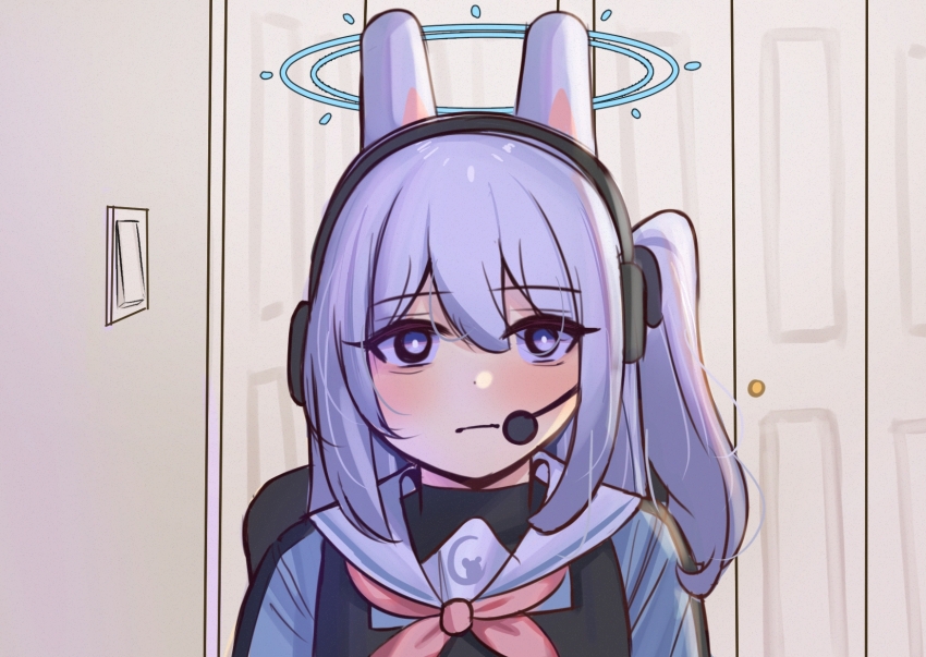 1girl, animal_ears, blue_archive, blue_halo, chair, door, hair_between_eyes, halo