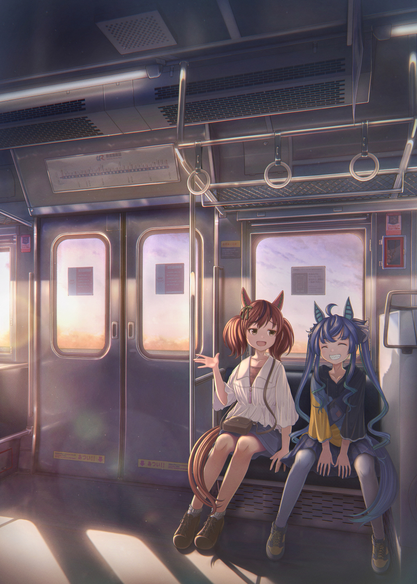2girls, absurdres, ahoge, animal_ears, ankle_socks, aqua_hair, bag, between_legs, blue_hair, blue_skirt, bow, brown_footwear, casual, closed_eyes, commentary_request, crossed_bangs, drawstring, ear_covers, fanny_pack, grin, hair_bow, hand_between_legs, hand_up, handbag, highres, hood, hoodie, horse_ears, horse_girl, horse_tail, lens_flare, long_hair, looking_at_another, medium_hair, momi_(tomoshibi_shingoujou), multicolored_hair, multicolored_hoodie, multiple_girls, nice_nature_(casual)_(umamusume), nice_nature_(umamusume), open_mouth, raised_eyebrows, red_hair, sharp_teeth, shirt, shoelaces, shoes, sidelocks, sitting, skirt, smile, sneakers, socks, streaked_hair, sunset, tail, teeth, thighhighs, three-quarter_sleeves, train_interior, twin_turbo_(casual)_(umamusume), twin_turbo_(umamusume), twintails, two-tone_hair, umamusume, white_shirt, white_thighhighs, wide_shot, yellow_eyes, yellow_shoes, ||/