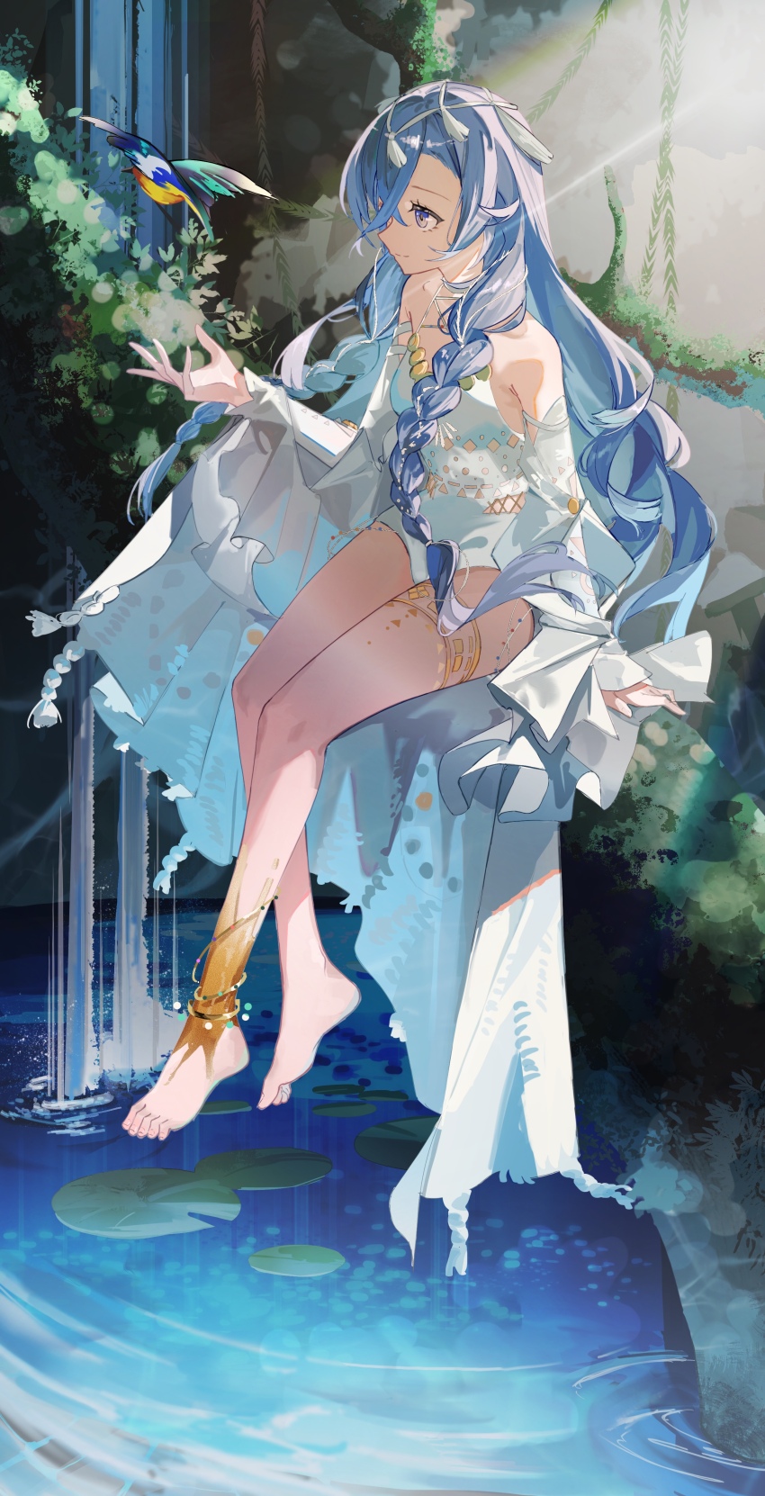 1girl, 37_(down_in_the_grotto)_(reverse:1999), 37_(reverse:1999), absurdres, arm_support, bare_shoulders, barefoot, bird, blue_eyes, blue_hair, braid, cape, detached_sleeves, full_body, hair_ornament, hand_up, highres, in_tree, leg_tattoo, lily_pad, long_hair, looking_at_animal, nature, official_alternate_costume, one-piece_swimsuit, profile, reverse:1999, ripples, shuxiuxiao, sitting, sitting_in_tree, solo, swimsuit, tattoo, tree, twin_braids, very_long_hair, water, waterfall, white_cape, white_one-piece_swimsuit, white_sleeves