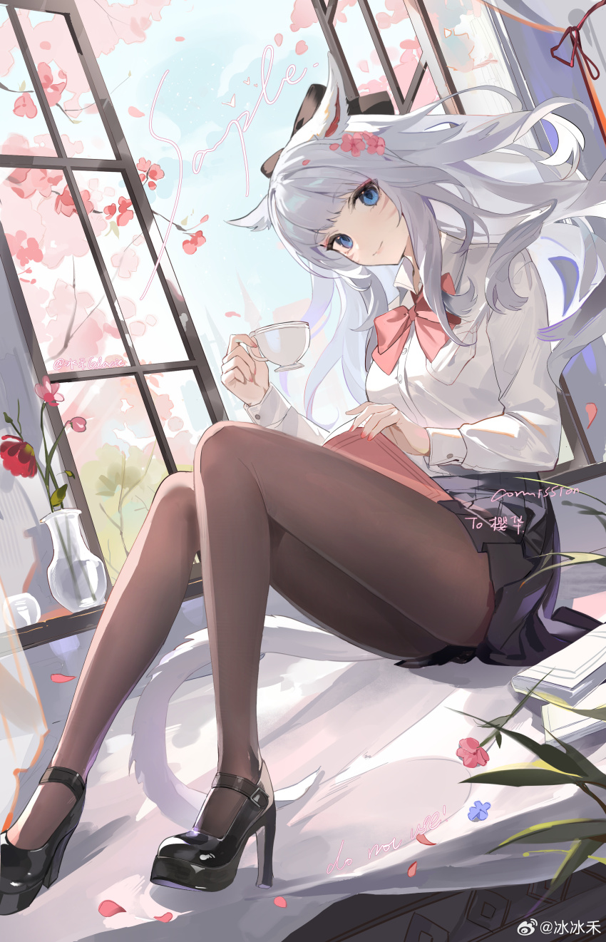 1girl, absurdres, animal_ears, black_bow, black_footwear, black_skirt, blue_eyes, blunt_bangs