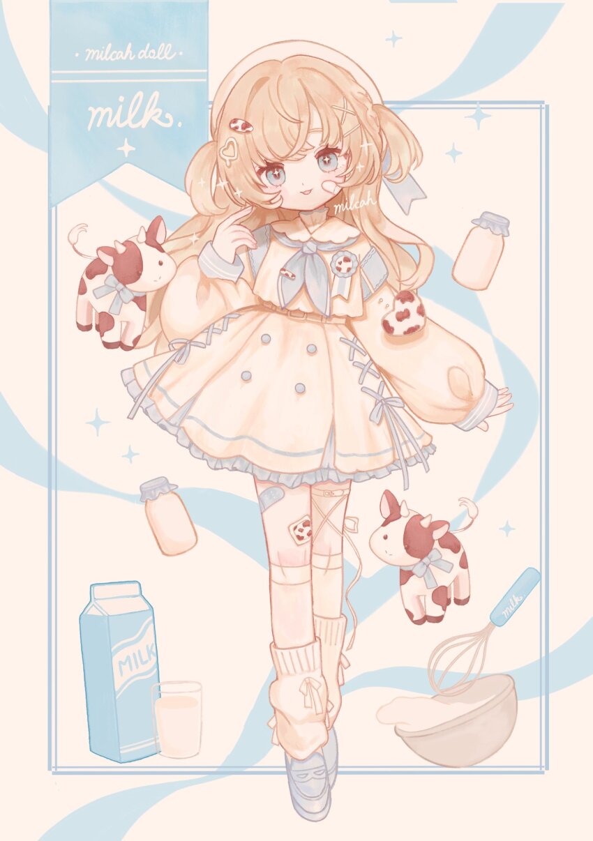 1girl, bandaid, bandaid_on_face, bandaid_on_leg, blonde_hair, blue_eyes, blue_footwear, blue_neckerchief